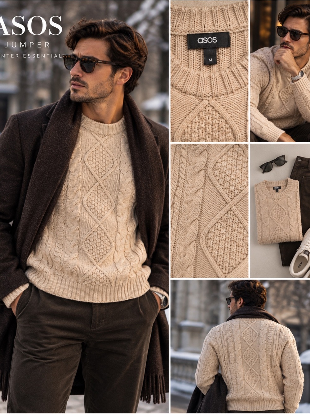 ASOS Cream Cable Knit Crewneck Sweater